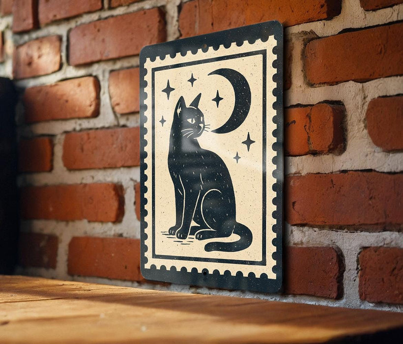 A black cat sitting on a brick wall, with a crescent moon and stars above it, is depicted in the image.