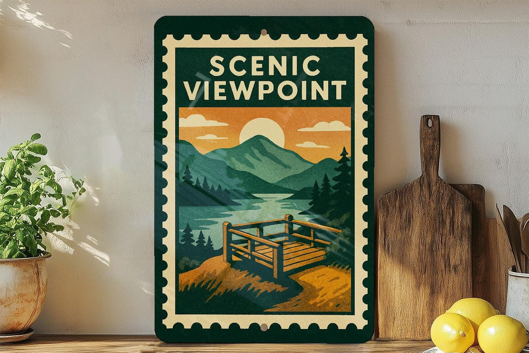 a framed poster of a scenic viewpoint with mountains, trees, and a bench, displayed on a shelf next to a wooden cutting board and a potted plant.