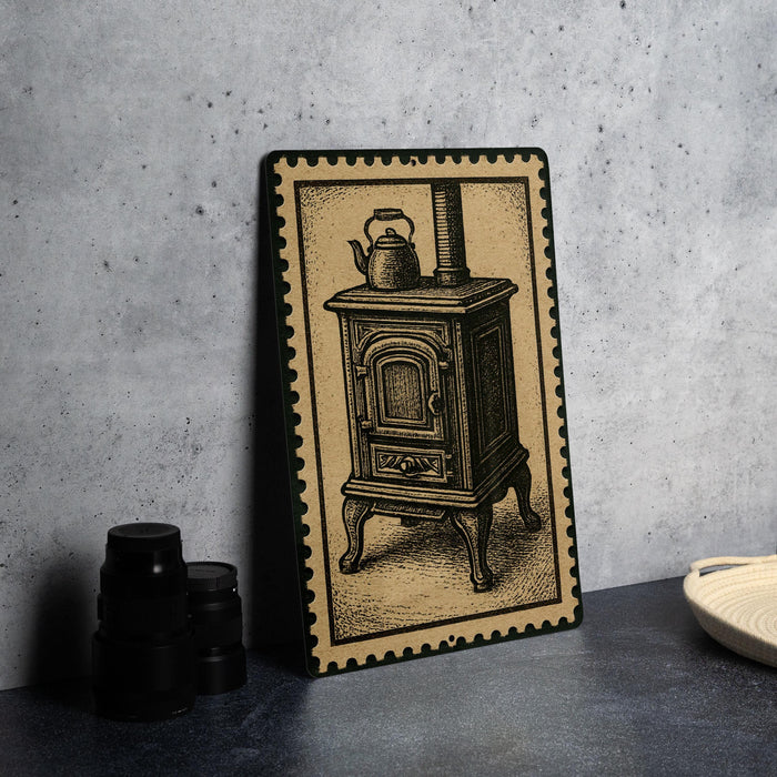 A framed illustration of a stove is displayed on a wall, accompanied by a stack of black camera lenses and a white dish.