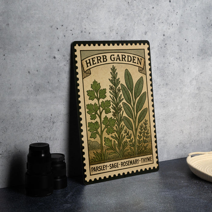 A metal sign with a vintage-style illustration of herbs and spices, including parsley, rosemary, and thyme, is displayed on a table.
