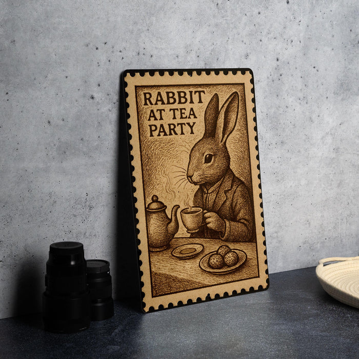 A wooden frame with a printed illustration of a rabbit sitting at a table, holding a teapot and a cup, with the text "RABBIT AT TEA PARTY" on the frame.