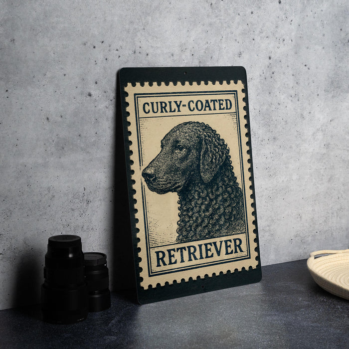 A black and white illustration of a curly-coated retriever dog is displayed on a black frame, with the text "CURLY-COATED RETRIEVER" printed on it.