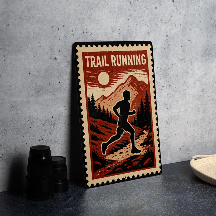 A metal sign with a silhouette of a person running and a mountain landscape in the background, along with the text "TRAIL RUNNING" on it.
