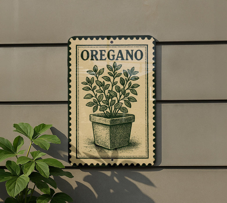 A sign with the word "OREGANO" on it, featuring a plant illustration, is mounted on a wall next to a potted plant.