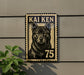 A black and white illustration of a dog, likely a breed like a wolf or a dog breed with a similar appearance, is mounted on a wall.