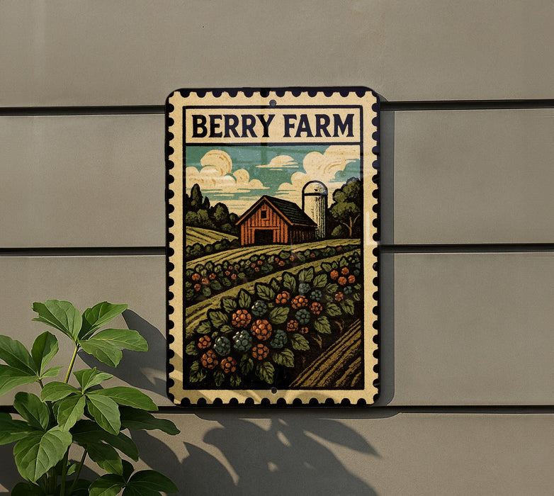 A metal sign with a farm scene and a barn, mounted on a wall next to a plant.