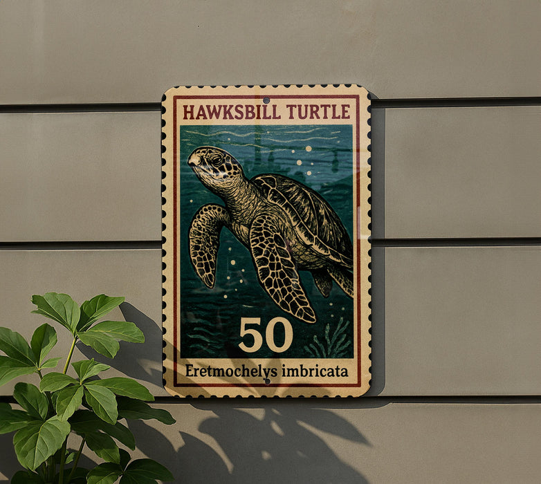 A postage stamp featuring a hawksbill turtle, with the text "HAWKSBILL TURTLE" and "50" printed on it.