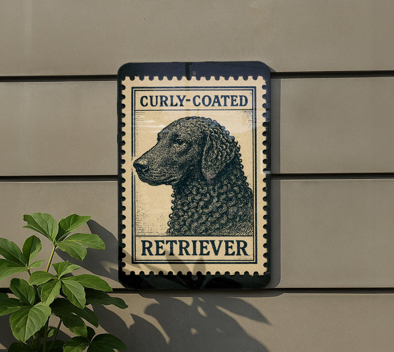 a sign with a curly-coated retriever dog on it, mounted on a wall next to a plant.