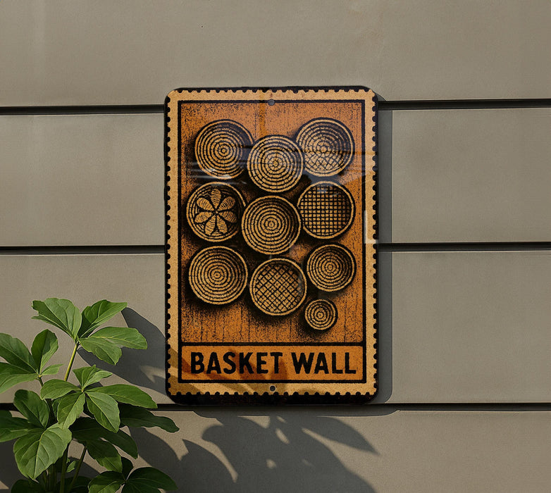 a wooden sign with a design of circles and a flower, mounted on a wall.