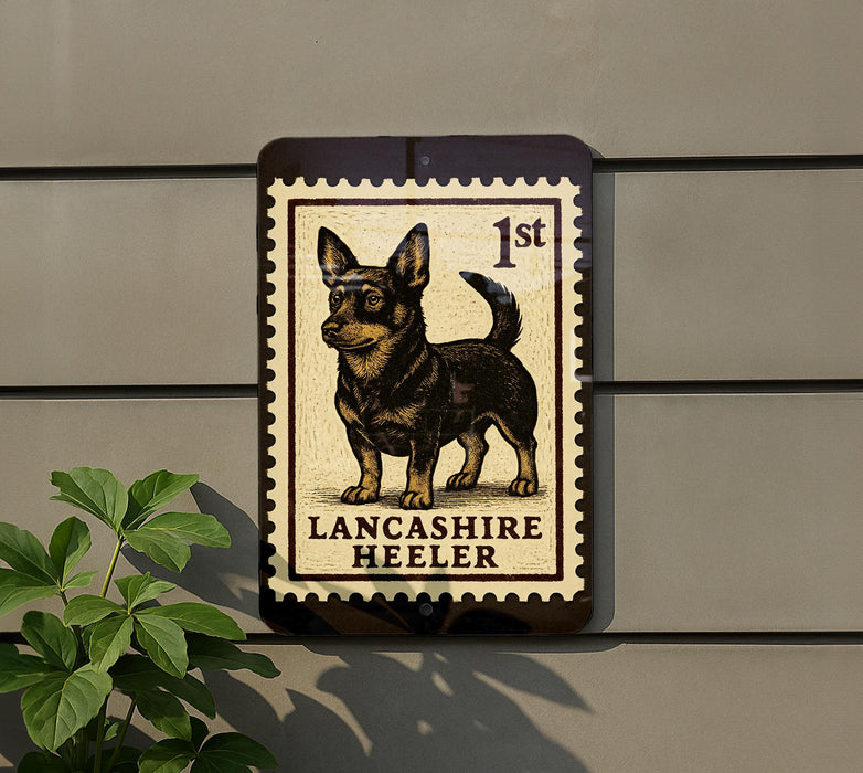 a sign with a dog illustration, mounted on a wall.