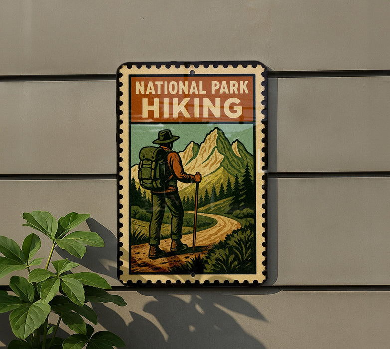 A vintage-style metal sign with a hiker illustration, mounted on a wall next to a plant.