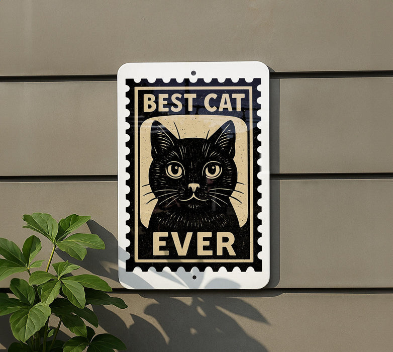 A sign with a black cat illustration and the text "BEST CAT EVER" is displayed on a wall, with a plant visible to the left.