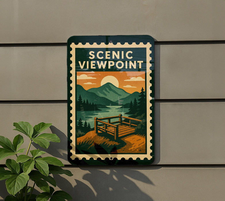 a sign for the Scenic Viewpoint, which is a scenic overlook with a wooden bench and a mountain landscape.
