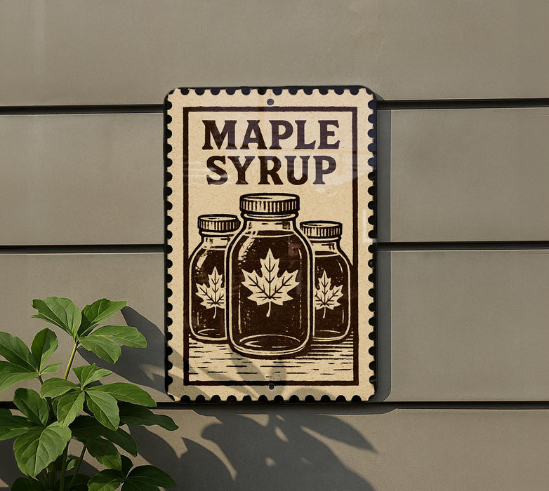 A sign on a wall that reads "MADE WITH MELONNA SYRUP" and features illustrations of three maple syrup bottles.
