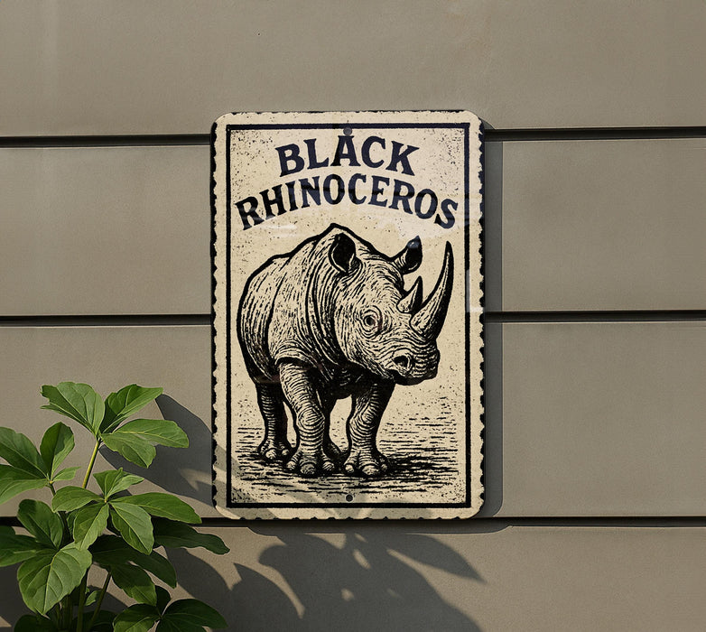 a rhinoceros, which is a large horned mammal, depicted on a sign.