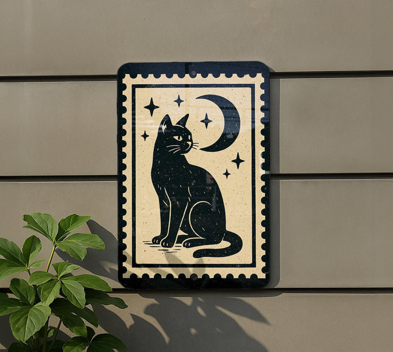 a black cat sitting on a wall, with a crescent moon and stars in the background.