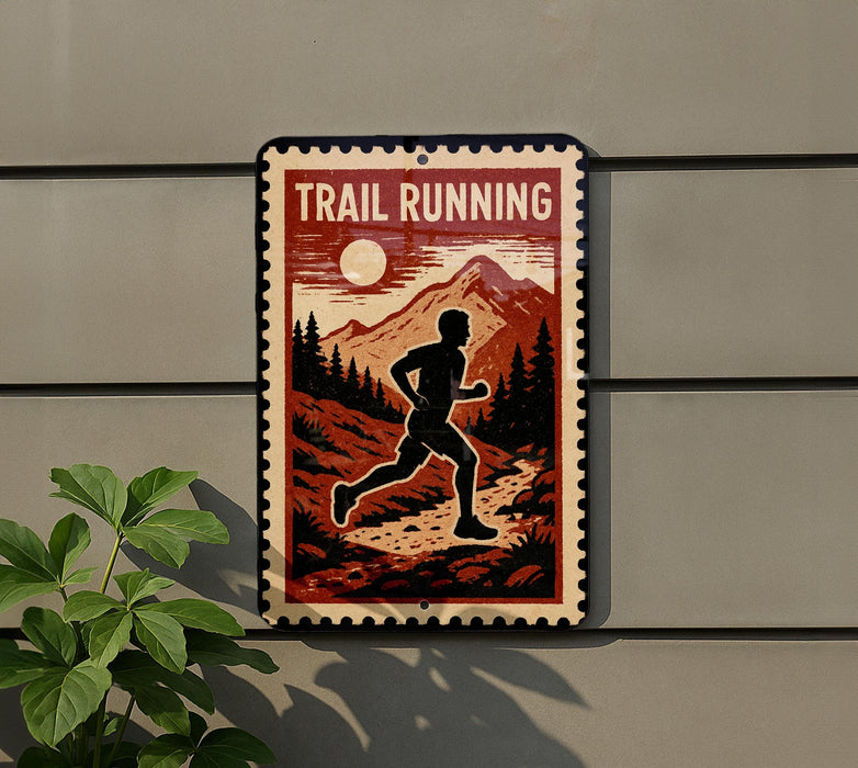 A vintage-style metal sign with a silhouette of a person running, set against a mountain landscape with a full moon.