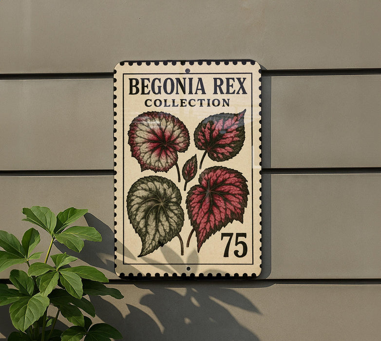 a postage stamp-like sign with a plant illustration, mounted on a wall next to a plant.