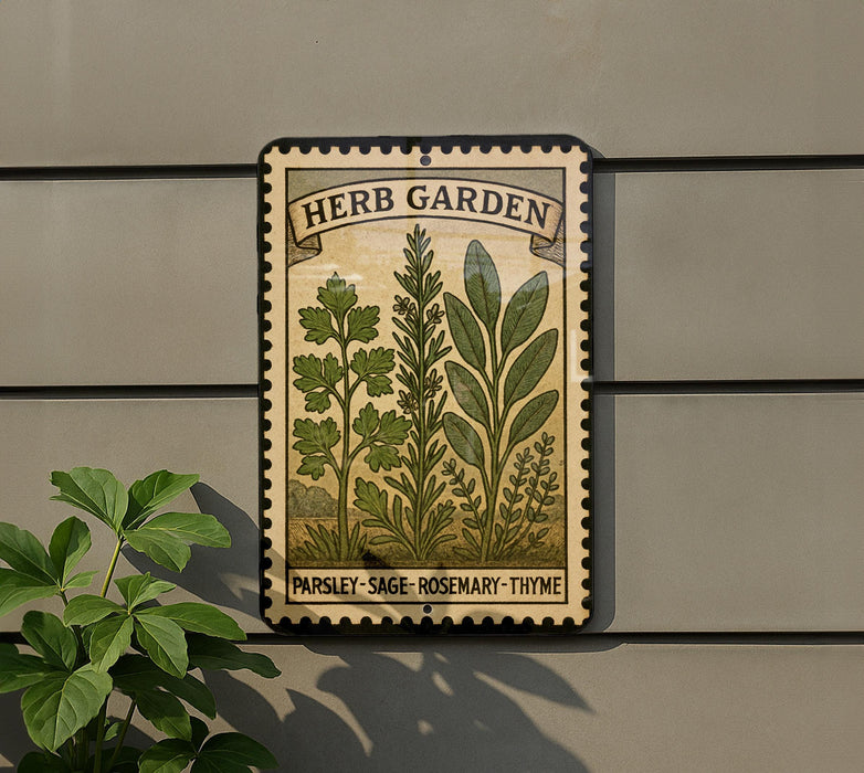 A metal sign with a vintage-style illustration of herbs and plants, mounted on a wall next to a plant.