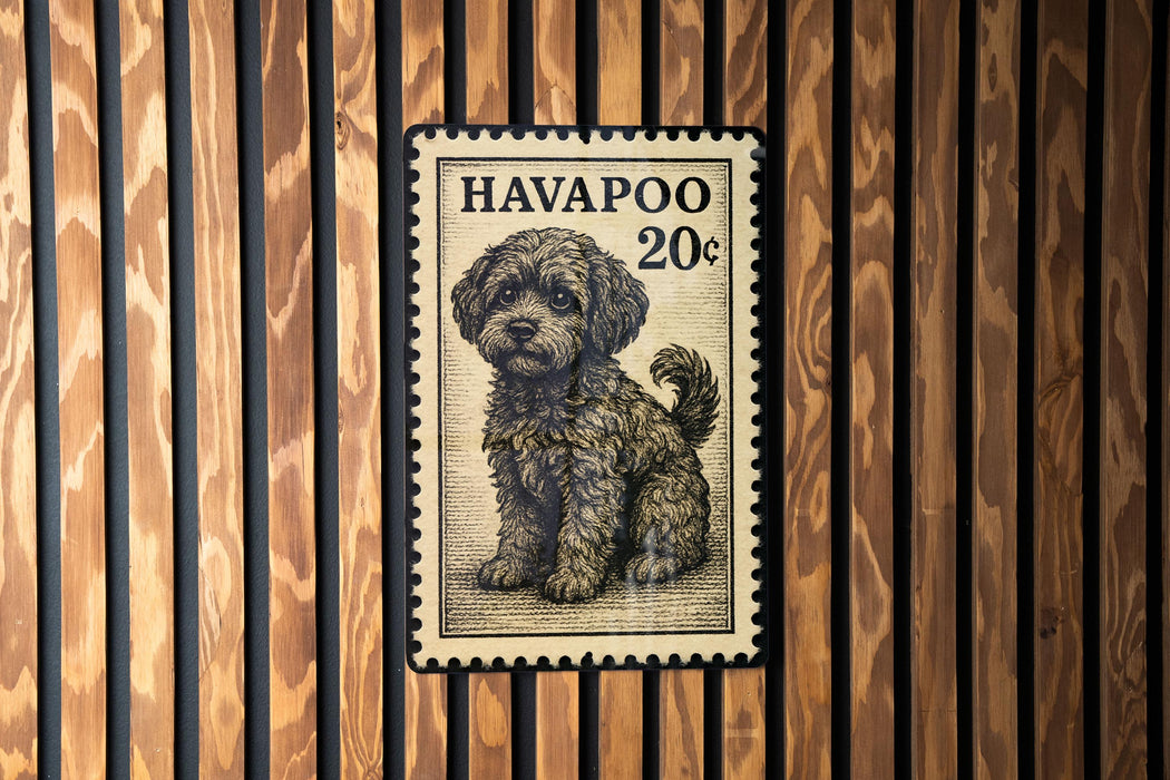 A small, fluffy dog is depicted on a postage stamp, which is affixed to a wooden wall.