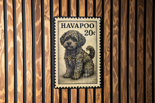 A small, fluffy dog is depicted on a postage stamp, which is affixed to a wooden wall.