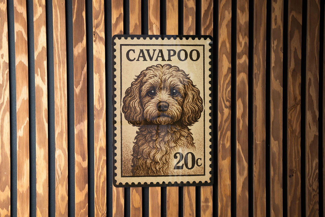a small, curly-haired dog with a textured, wooden background.