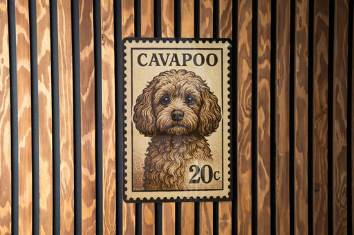 a small, curly-haired dog with a textured, wooden background.
