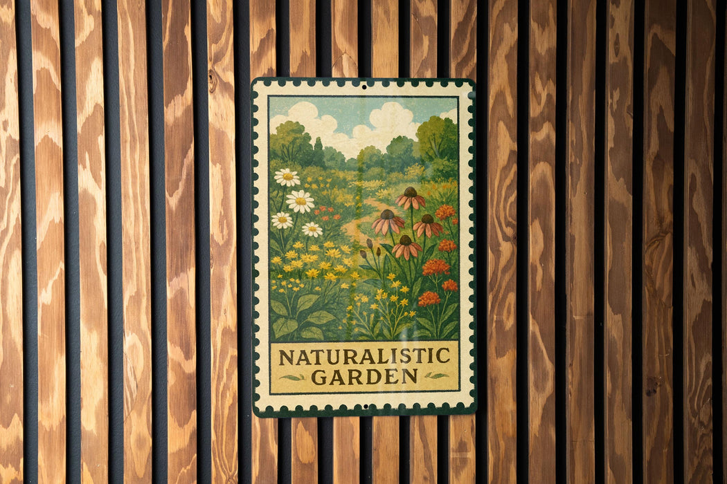 A vintage-style metal sign with a floral illustration is mounted on a wooden wall.