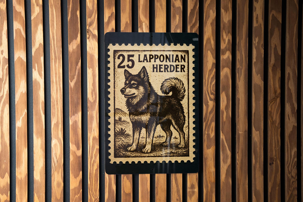 A 25 Lapponian Herder dog is depicted on a wooden wall, with a black and white postage stamp-like design above it.