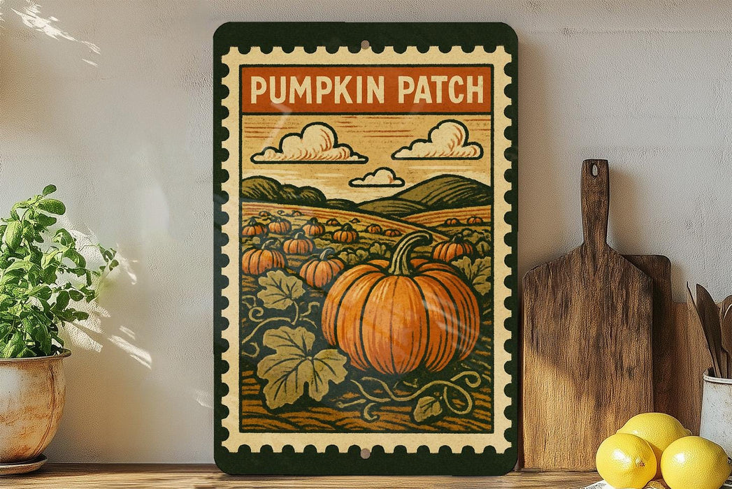 a vintage-style pumpkin patch sign with a large pumpkin and a field of pumpkins, surrounded by a rustic wooden board and a potted plant.