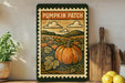 a vintage-style pumpkin patch sign with a large pumpkin and a field of pumpkins, surrounded by a rustic wooden board and a potted plant.