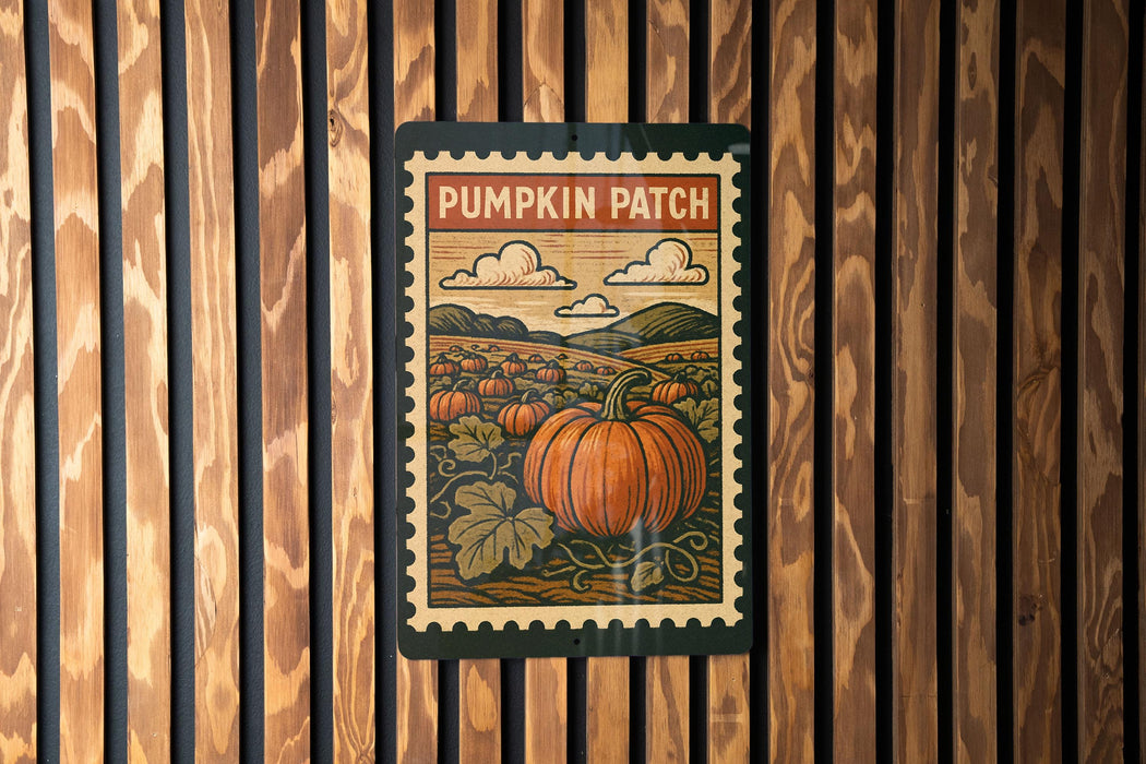 A pumpkin patch sign is hanging on a wooden wall.