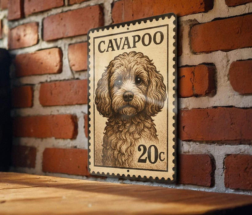 A vintage-style metal sign featuring a dog's portrait on a brick wall.