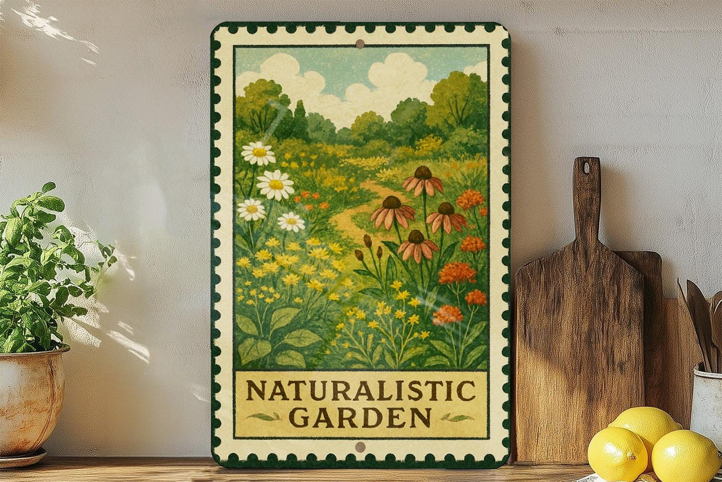 a framed painting of a naturalistic garden, with a wooden cutting board and a potted plant to the left.