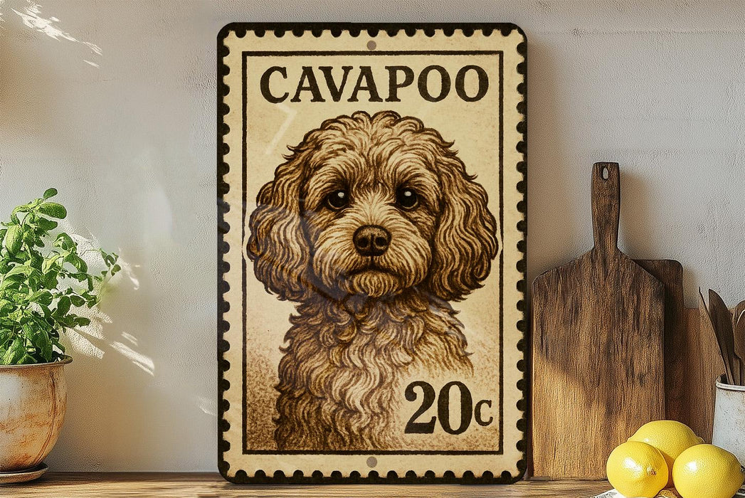 a vintage-style stamp with a portrait of a dog, placed on a wooden surface next to a wooden cutting board and some lemons.