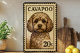 a vintage-style stamp with a portrait of a dog, placed on a wooden surface next to a wooden cutting board and some lemons.