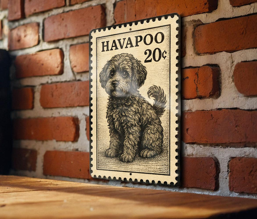 A black and white illustration of a dog, possibly a poodle, is displayed on a wooden surface against a brick wall.