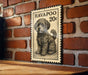 A black and white illustration of a dog, possibly a poodle, is displayed on a wooden surface against a brick wall.