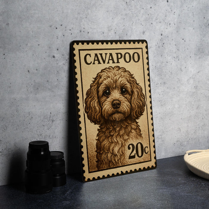 a small, detailed illustration of a dog on a postage stamp, placed on a table next to some black camera lenses.
