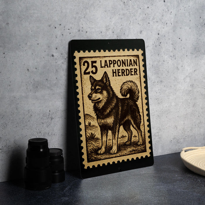 A 25 Lapponian Herder dog stamp is displayed on a black surface, with a stack of black camera lenses and a woven basket visible in the background.