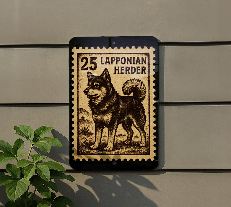 a black and white illustration of a dog, which appears to be a Lapponian Herder, mounted on a wall.