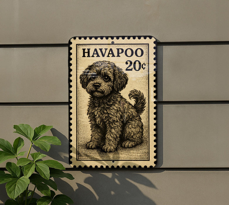 A metal sign with a dog illustration on it, mounted on a wall.