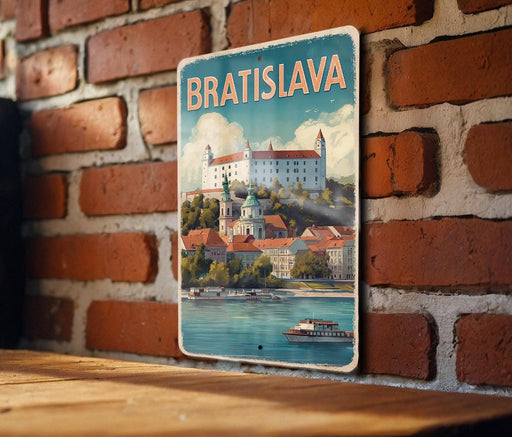 A vintage-style metal sign displaying the image of Bratislava, the capital city of Slovakia, with a castle and river in the background.