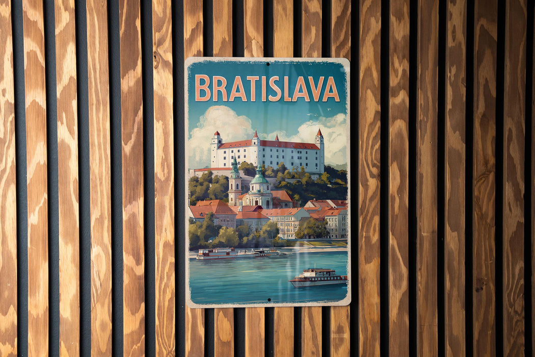 A vintage-style metal sign with the text "BRATISLAVA" and an illustration of a castle on a hill overlooking a river.