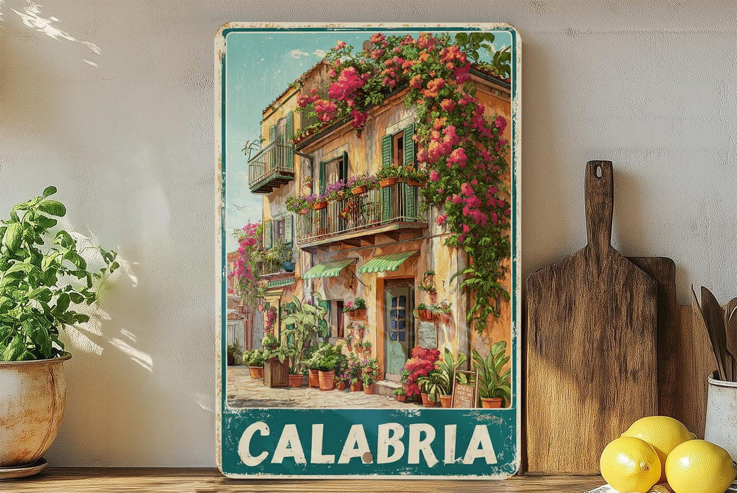 A vintage-style metal sign with a colorful illustration of a building with flowers on the balcony, surrounded by potted plants, placed on a wooden shelf next to a cutting board and some lemons.