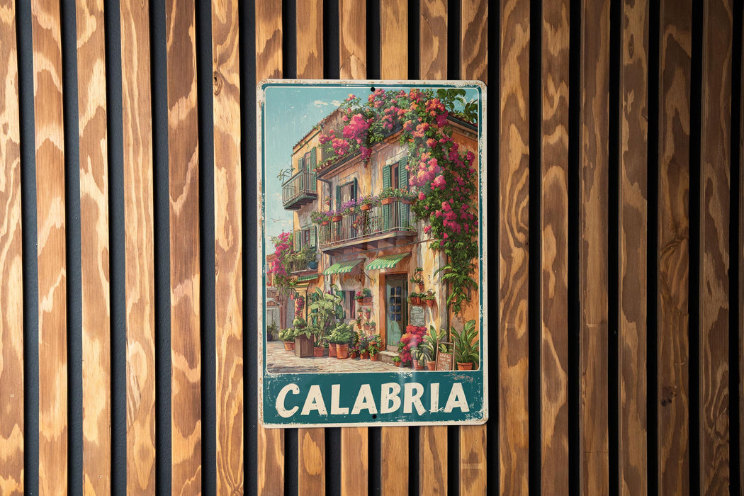 A vintage metal sign with a colorful illustration of a building with flowers on the balcony, mounted on a wooden wall.