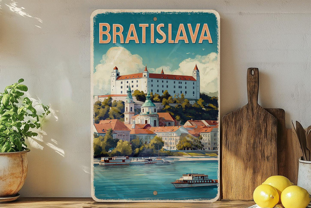 A vintage-style metal sign with the text "BRATISLAVA" and an illustration of a castle overlooking a river, surrounded by buildings and boats.
