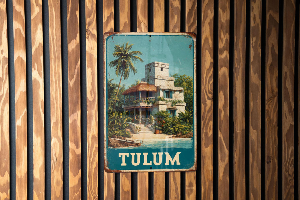 A vintage-style sign depicting a tropical resort with a palm tree and a building, mounted on a wooden wall.
