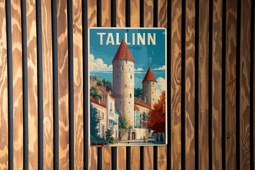 A vintage-style poster of Tallinn, the capital city of Estonia, is displayed on a wooden wall.