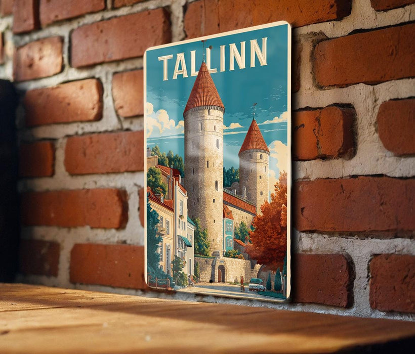 A vintage-style metal sign with the word "TALLINN" prominently displayed, featuring a castle-like structure with towers and a blue sky in the background.